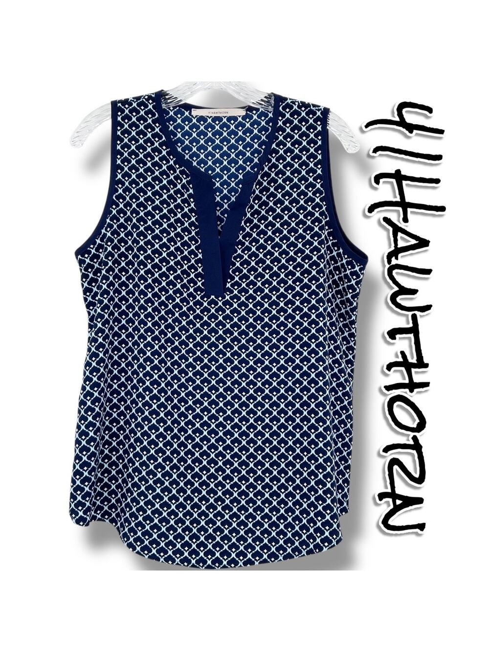 41 Hawthorn Beckett Navy Geometric Print Sleeveless Blouse Top  Womens Size S